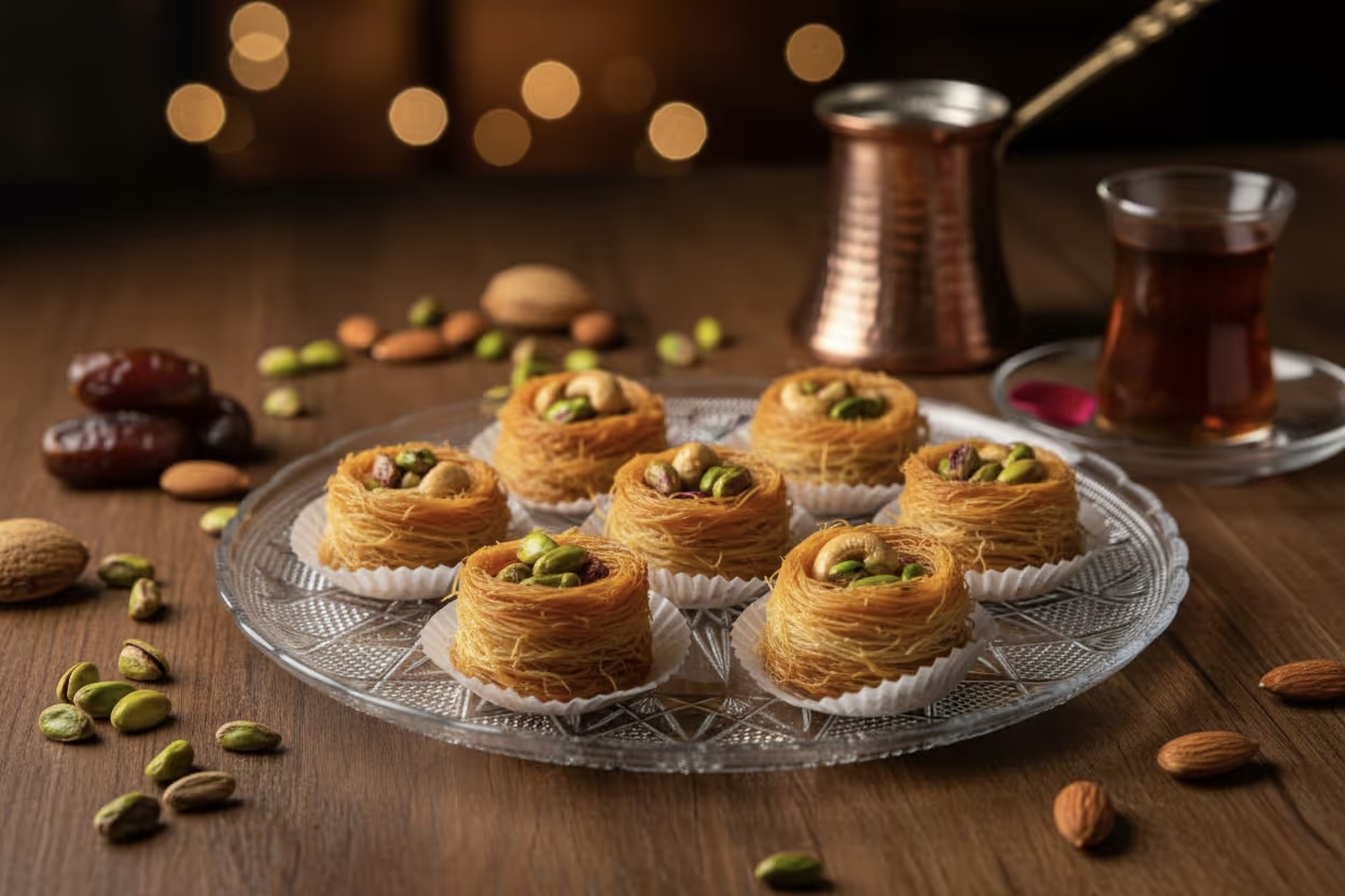 Sieben kleine Gebäckstücke aus Fadenteig mit Pistazien und Nüssen auf einem Glasplatte, umgeben von Mandeln, Pistazien und Datteln, mit türkischem Kaffee und Tee im Hintergrund.